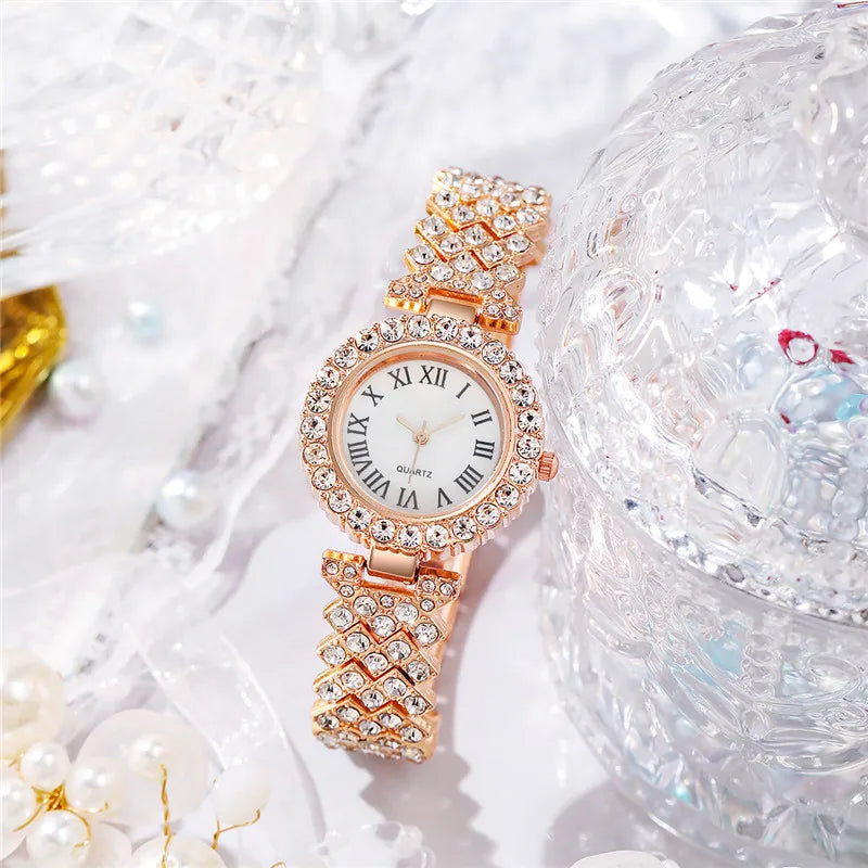 2PCS/Set Women's Watch Fashion Rhinestone Roma Dial Quartz Watches Stainless Steel Band Wrist Watch Bracelet Set