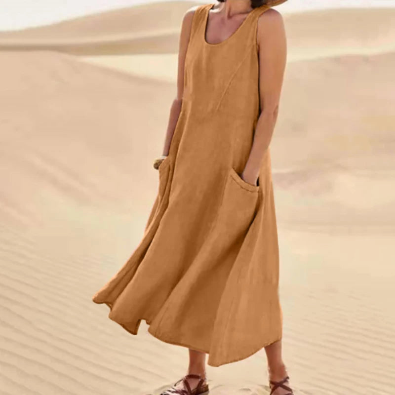 Women Casual Sleeveless A Line Dress with Pockets Vintage Hrajuku Loose Midi Length Maxi Dress Summer O Neck Cotton Linen Dress