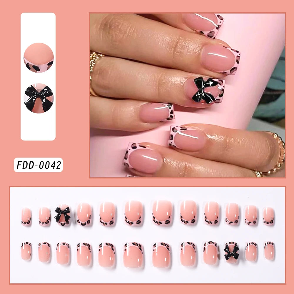 24Pcs Almond Bow Design Press on Nails French Silver Border Stripe False Nails with Pearl Shiny Rhinestone Full Cover Fake Nails