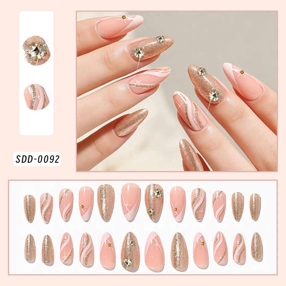 24pcs Glitter Medium Almond Full Cover Fake Nails Golden Irregular Line French False Nails with Diamond Design Press on Nails