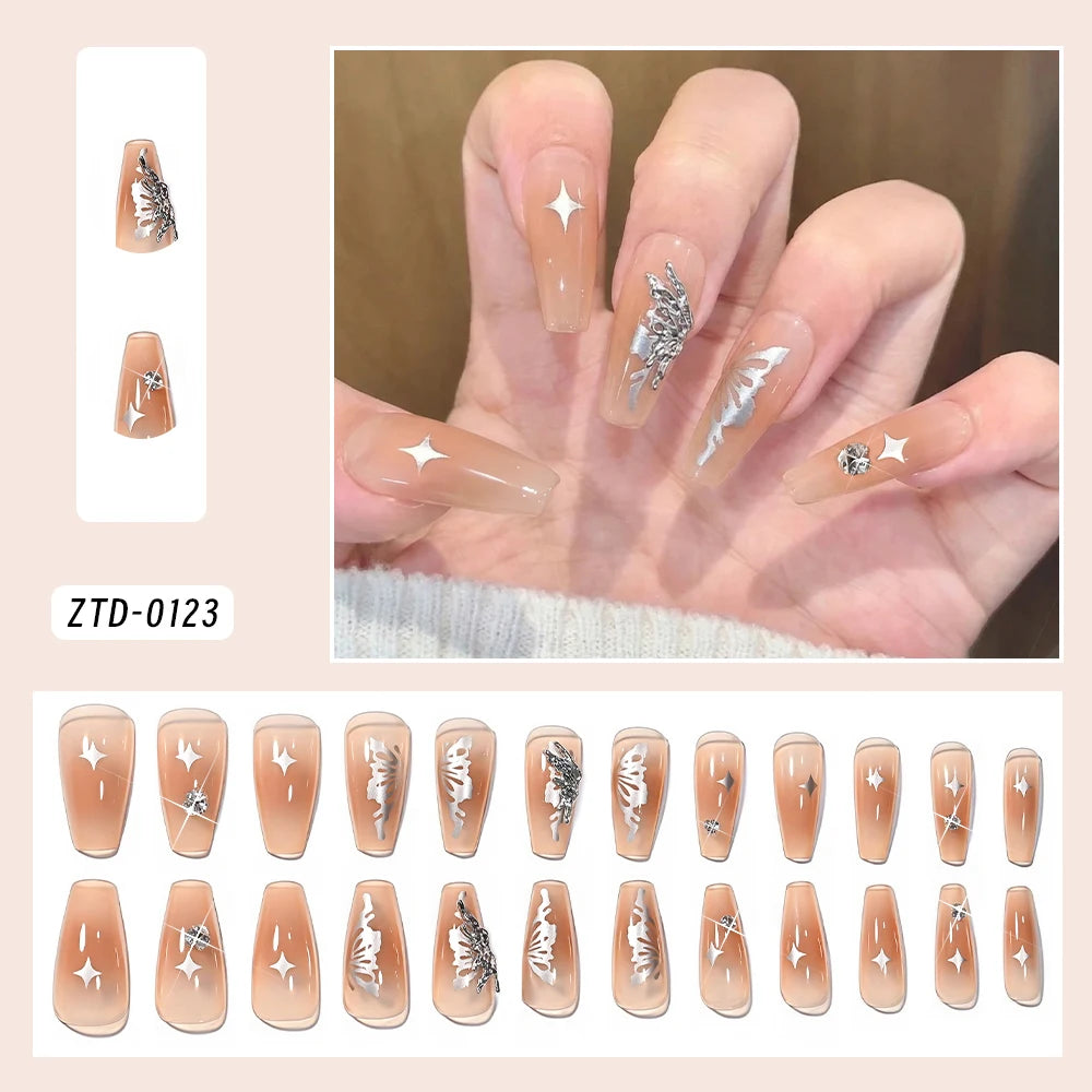 24Pcs Red Bowknot Design False Nails Medium Almond Fake Nail Tips Extension with Shiny Diamond for Women Wearable Press on Nails