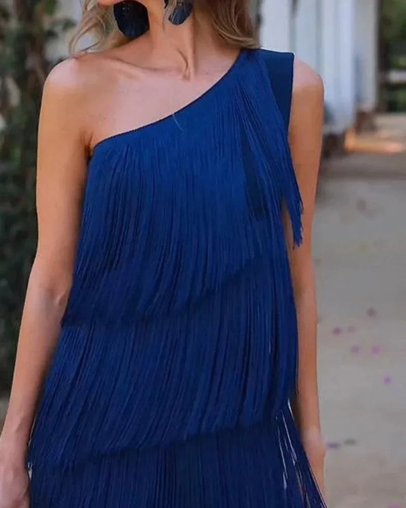 BKLD Solid Color 2026 Spring Summer New Fashion Tassel One Shoulder Sleeveless Asymmetric Dress Clothes For Women Evening Dress