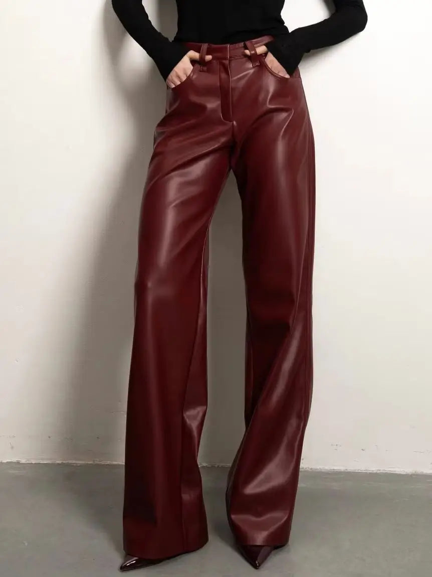 Vintage Ultra-soft PU Leather Pants High Waist Wide Leg Drape Straight-leg Slim Fit Pants 2026 Autumn Winter Streetwear