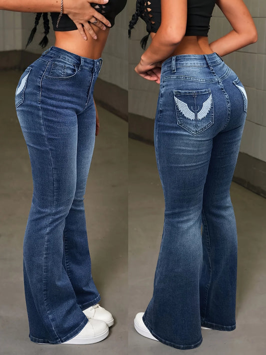 Y2K Wing Embroidered Flare Jeans – High Street Style