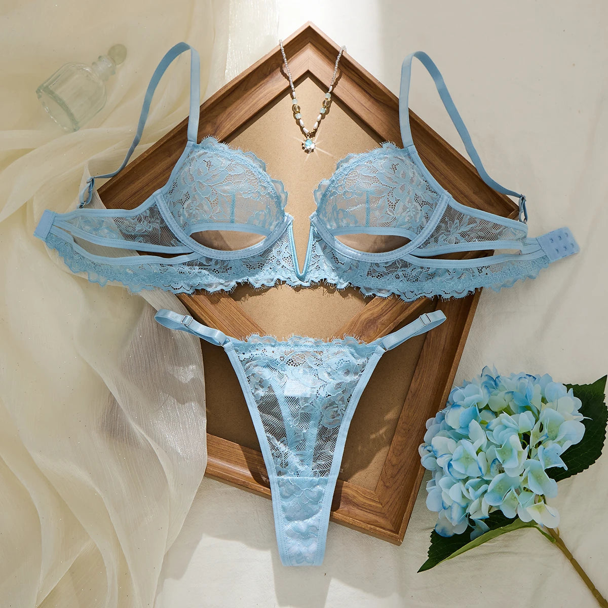 Women's Light Blue Sheer Lace Bra and Thong Panty Set – Sexy See-Through Mesh Lingerie 2-Piece with Adjustable Straps