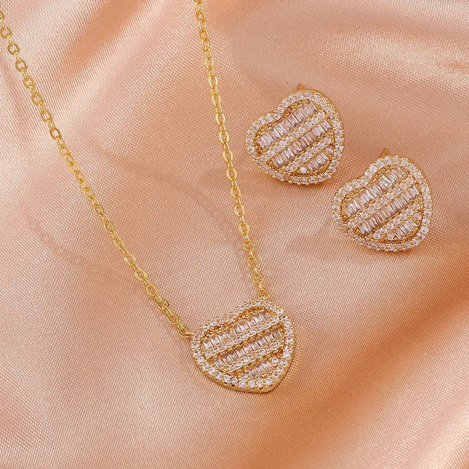 ZAKOL New Iced Out Zirconia Heart Necklace Earrings Set for Women Bling Cubic Zirconia Luxury Wedding Party Jewelry Gift