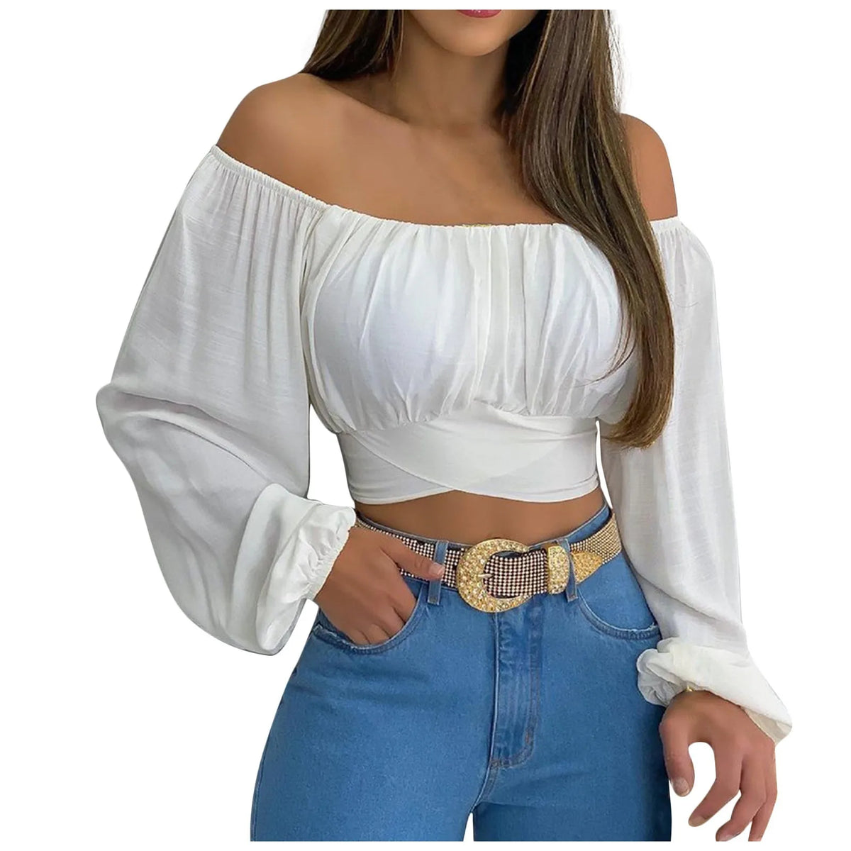 Women Elegant Boho Print Blouse Casual Long Lantern Sleeve Off Shoulder Slim Shirt Female Chic Cropped Top Summer Tunics
