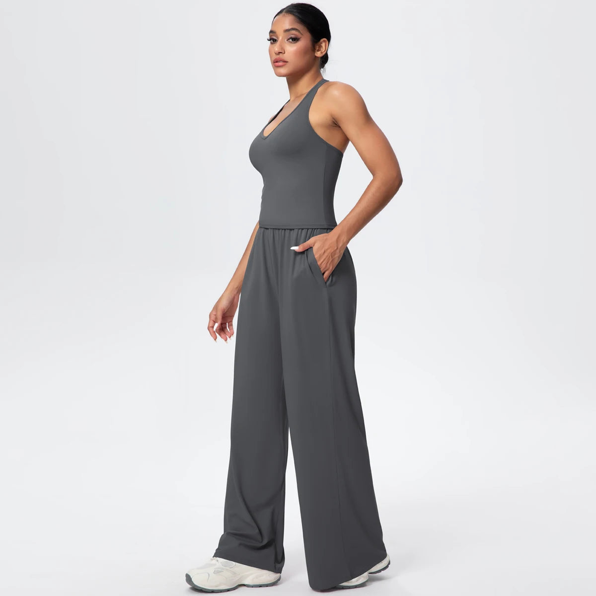 Breathable Loose Wide Leg Pants and Yoga Vest Set Solid Color High Stretch Pockets Pants Beautiful Back T-shaped Vest Yoga Suit