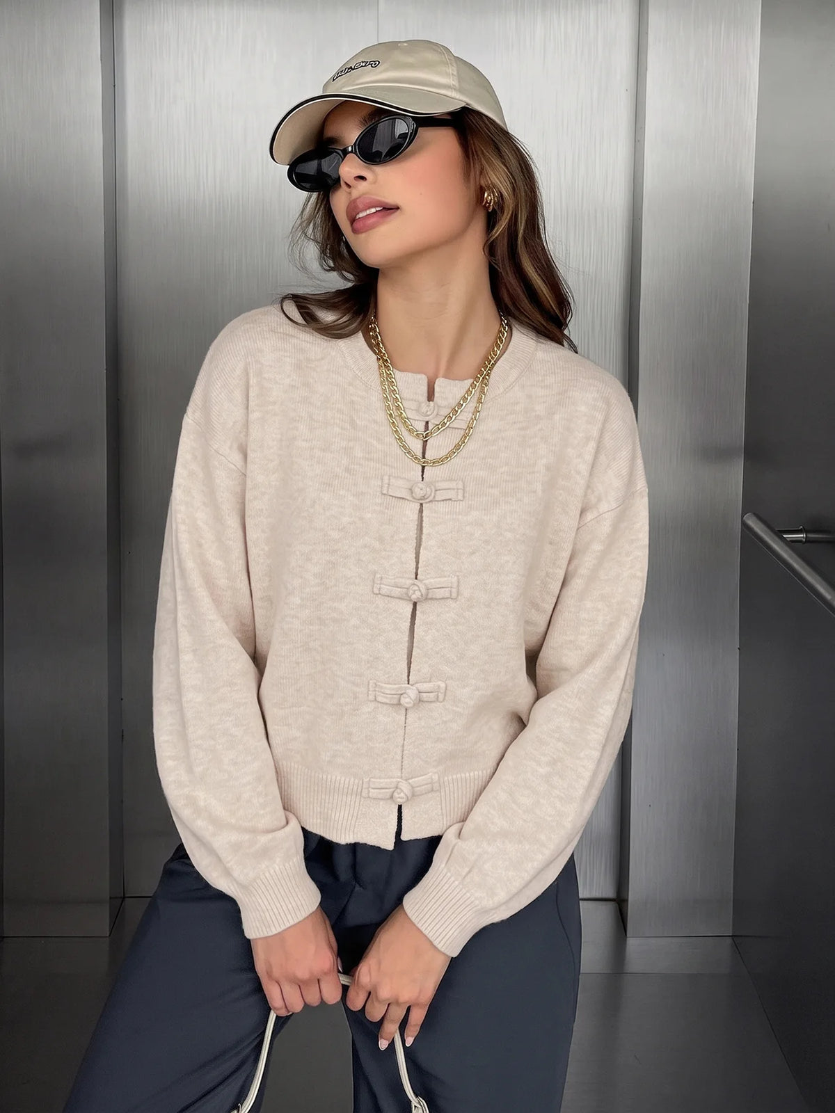 Women Vintage Knitted Sweater Causal Long Sleeve O-Neck Soft Warm Chinese Style Buckle Cardigan Female Autumn Winter Outerwear