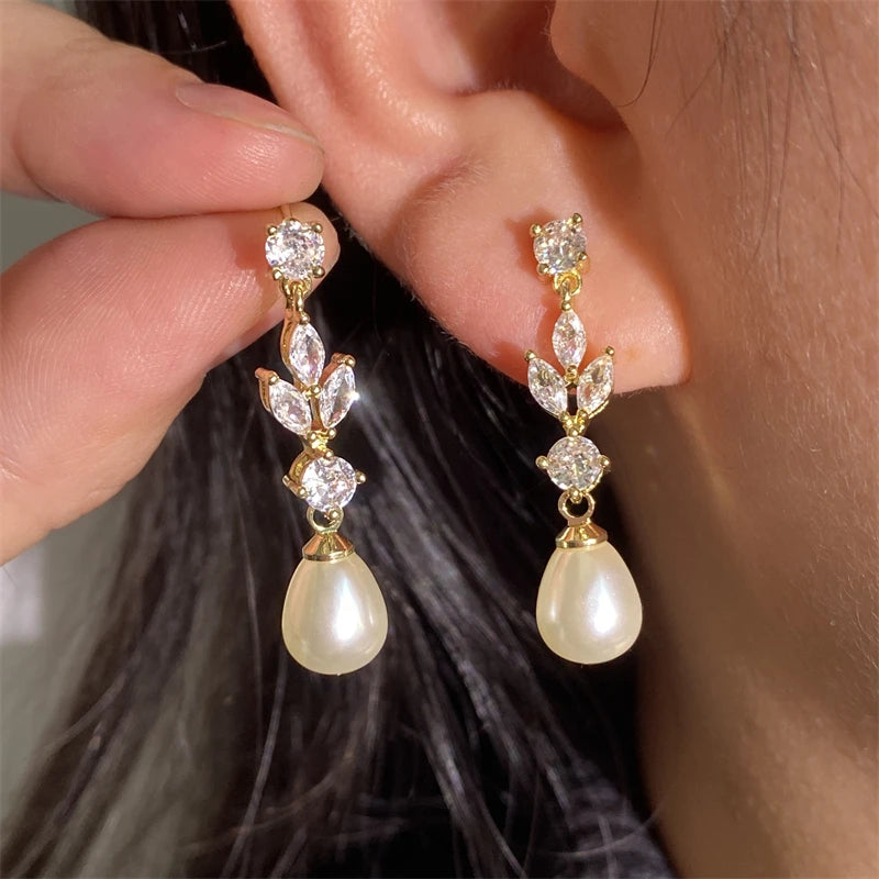 ZAKOL Classic AAA Zircon Pear Shape Imitation Pearl Drop Earrings for Women Fashion Bridal Engagement Wedding Jewelry