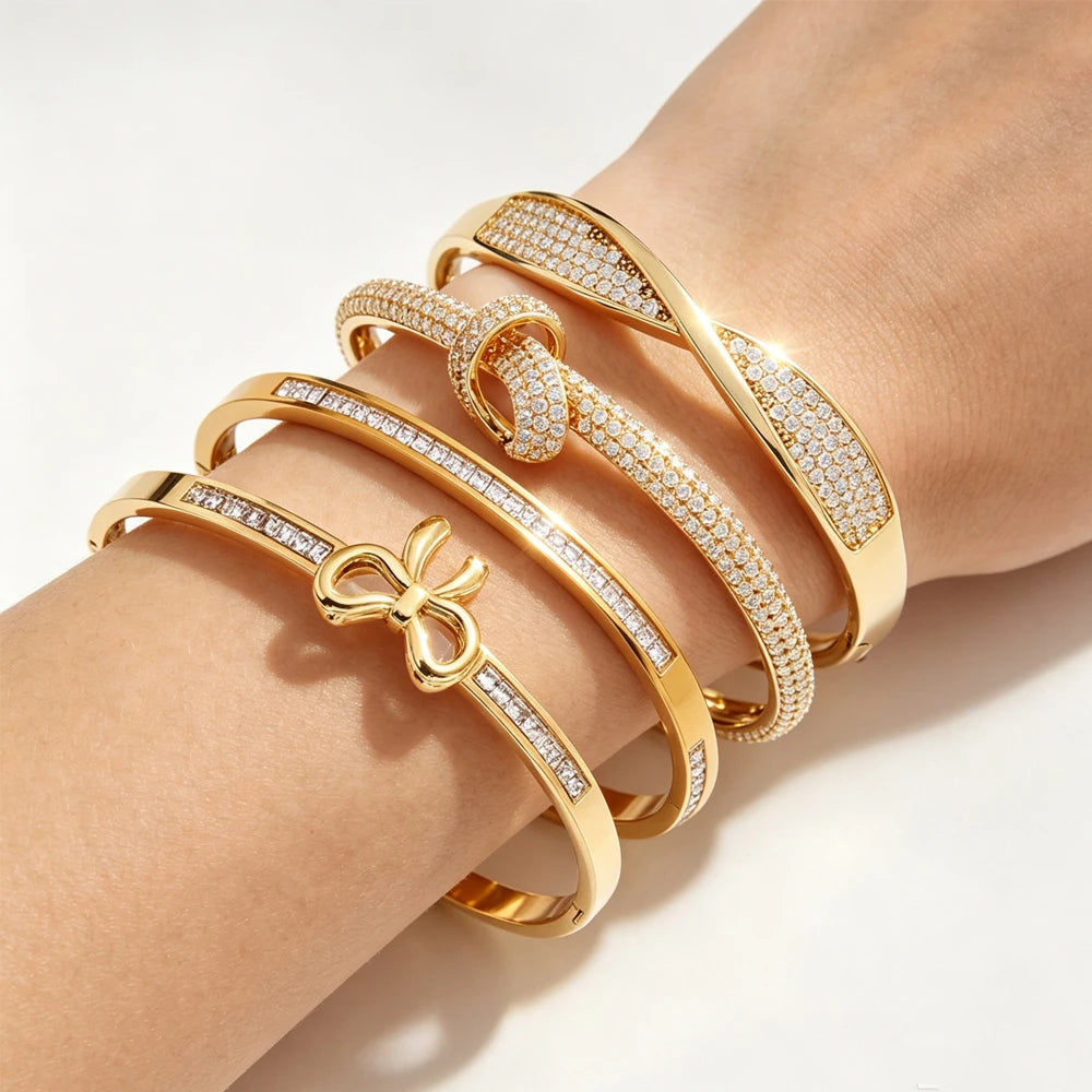 ZAKOL 4/1pcs Exquisite Bow Knot Design Charm Stackable Bracelet for Women Shining Zirconia Inlaid Bangles Jewelry Gift