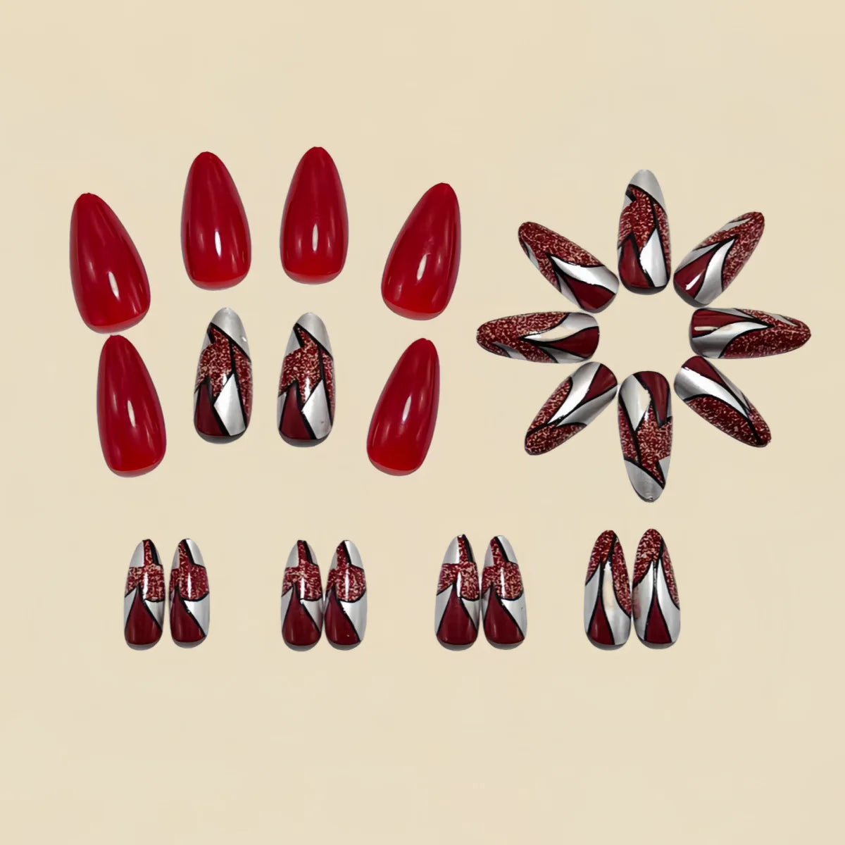 Medium long fake nails for women gilrs wine red colors with strips print almond ballet shape full cover press on false nail art