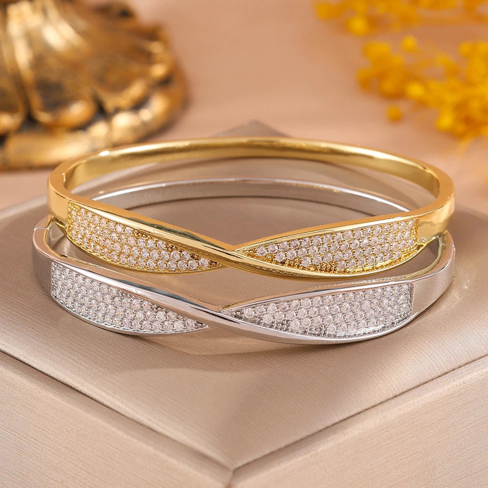 ZAKOL Exquisite Micro Inlaid Zircon Twisted Cuff Bangle Bracelets for Women Copper Wristband Bracelet Wedding Party Jewelry