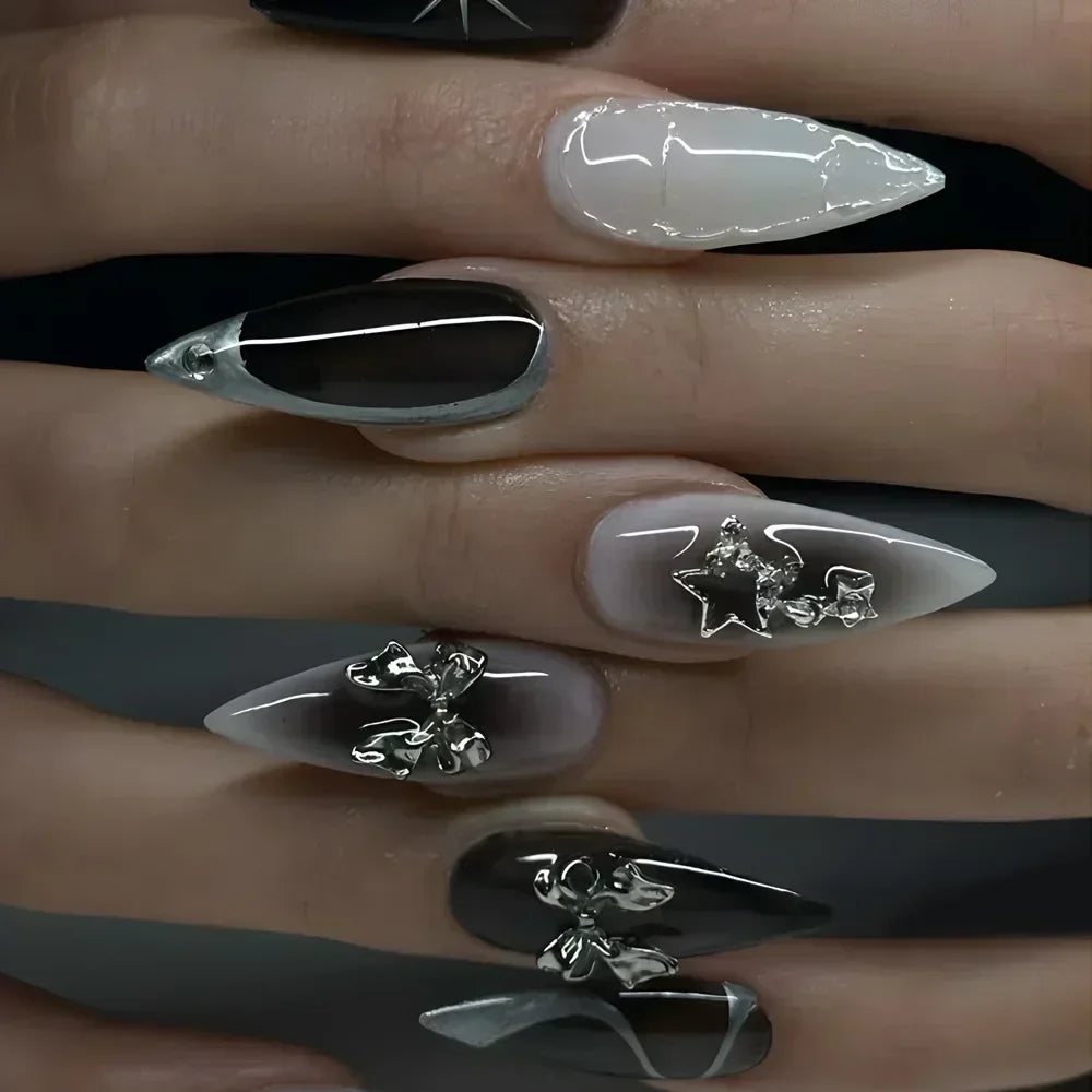 24Pcs Y2k Almond Acrylic Nails Full Cover 3D Diamond Black Nail Art Sweet Cool French Wearable Fake Nail Manicure Tips for Girls