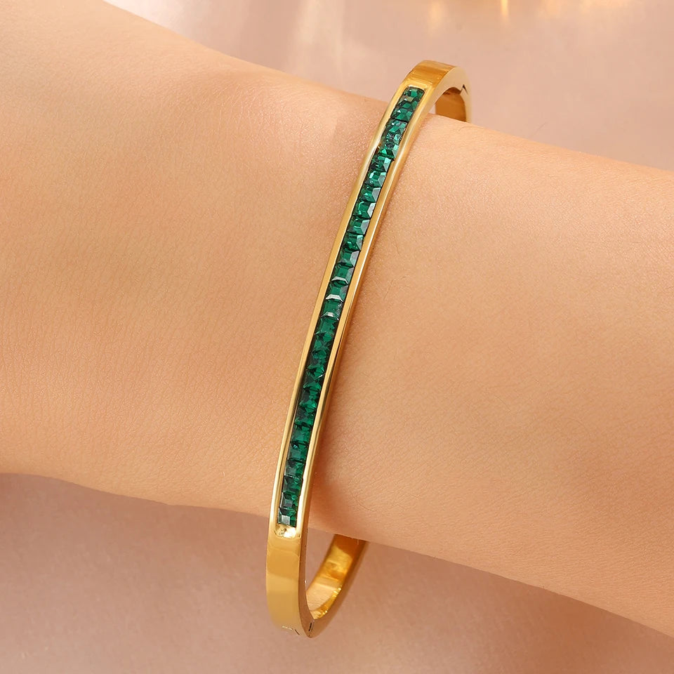 ZAKOL 3 Styles Shiny Green Geometric Zirconia Inlaid Stainless Steel Bracelets for Women Personalized Wedding Party Jewelry