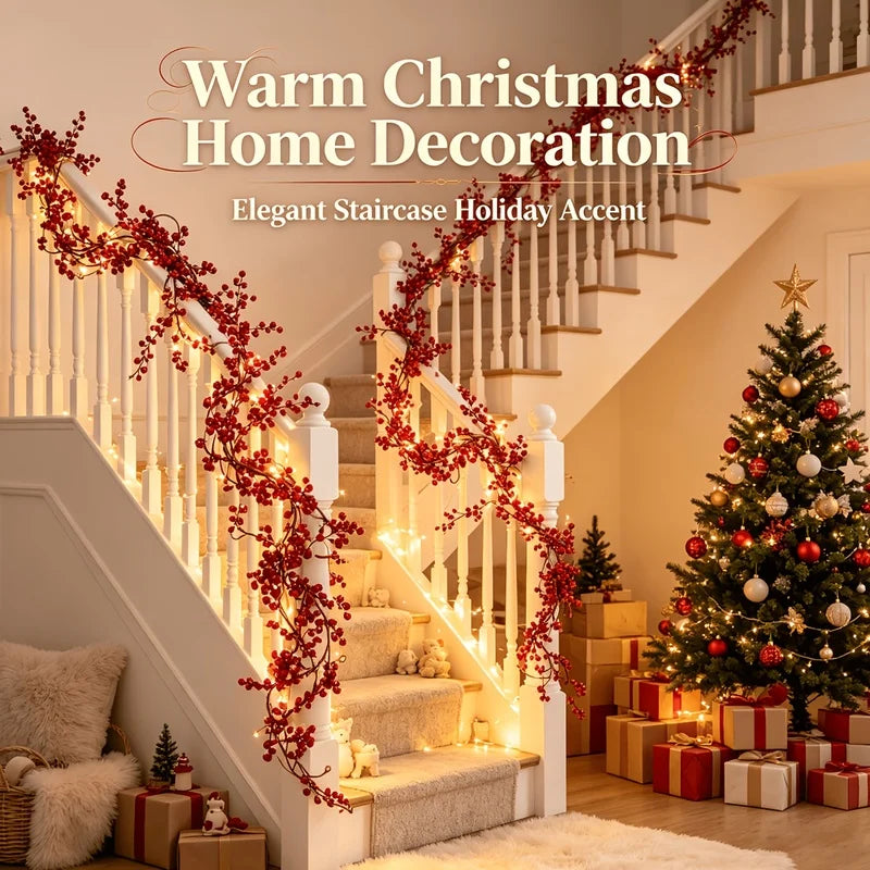190CM Long Bendable Artificial Red Berry Garland, Faux Red Berries Vine, Christmas Front Porch,Wall,Fireplace Holiday Decoration