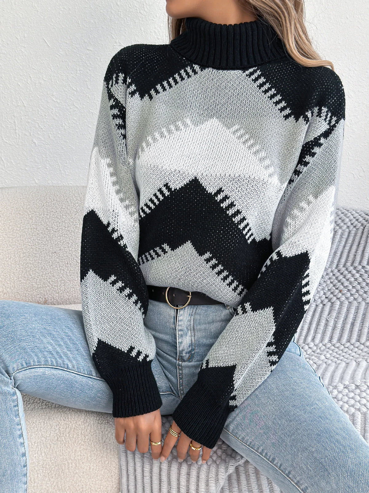 Autumn Winter Casual Turtleneck Color Block Knitted Sweater for Women 2026 Fashion Lantern Long Sleeve Pullover Warm Knitwear