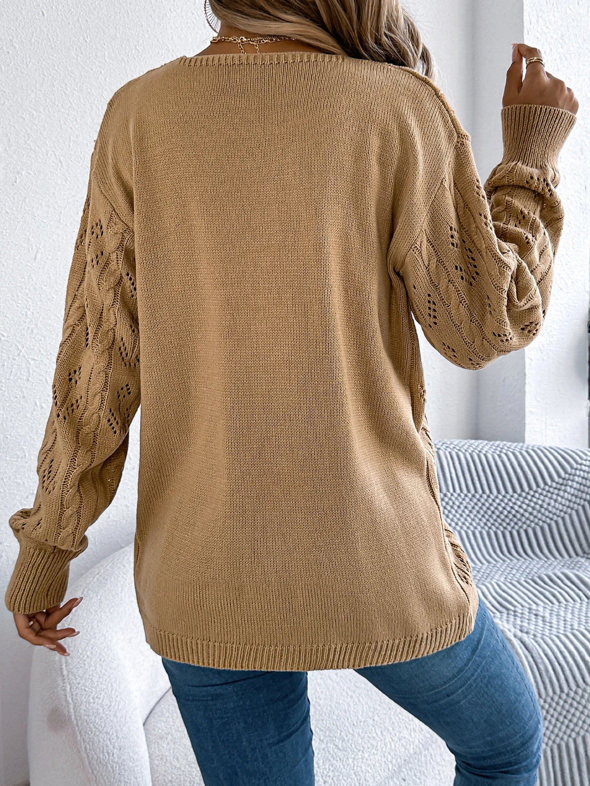 Women's Solid Color Hollow Out Knitted Cardigan Sweaters 2026 Autumn Winter Casual Lantern Long Sleeve Coats White Black Khaki