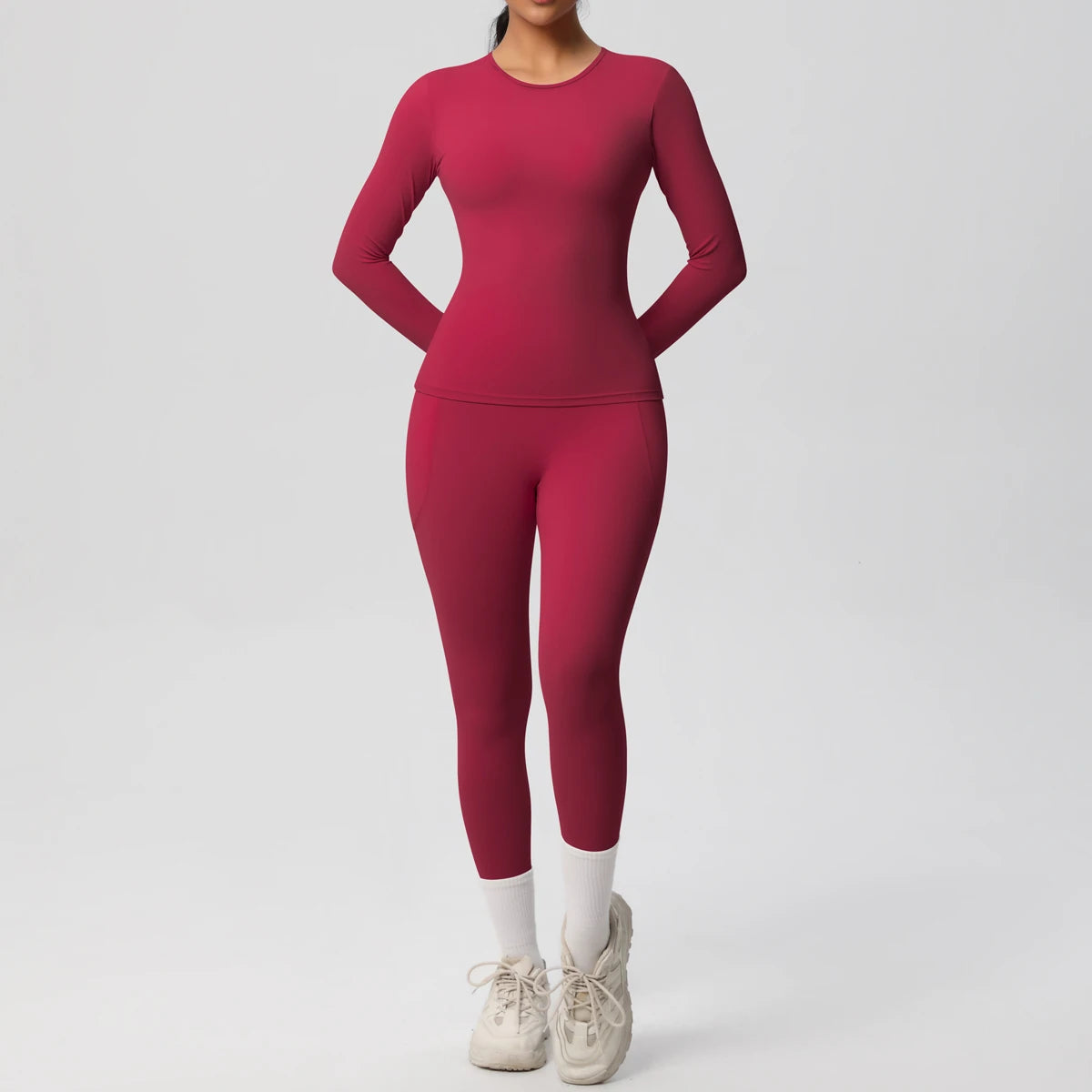 Summer 2PCS Women's Yoga Suit Solid Color High Stretch Slim Casual Long Sleeves Quick Drying Push Up Women Pockets Pants Set