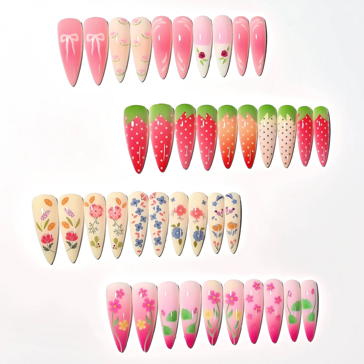 96pcs Gradient Pink Strawberry Design Long Almond False Nails Full Cover Fake Nails Tips Extension Floral Bow Press on Nails