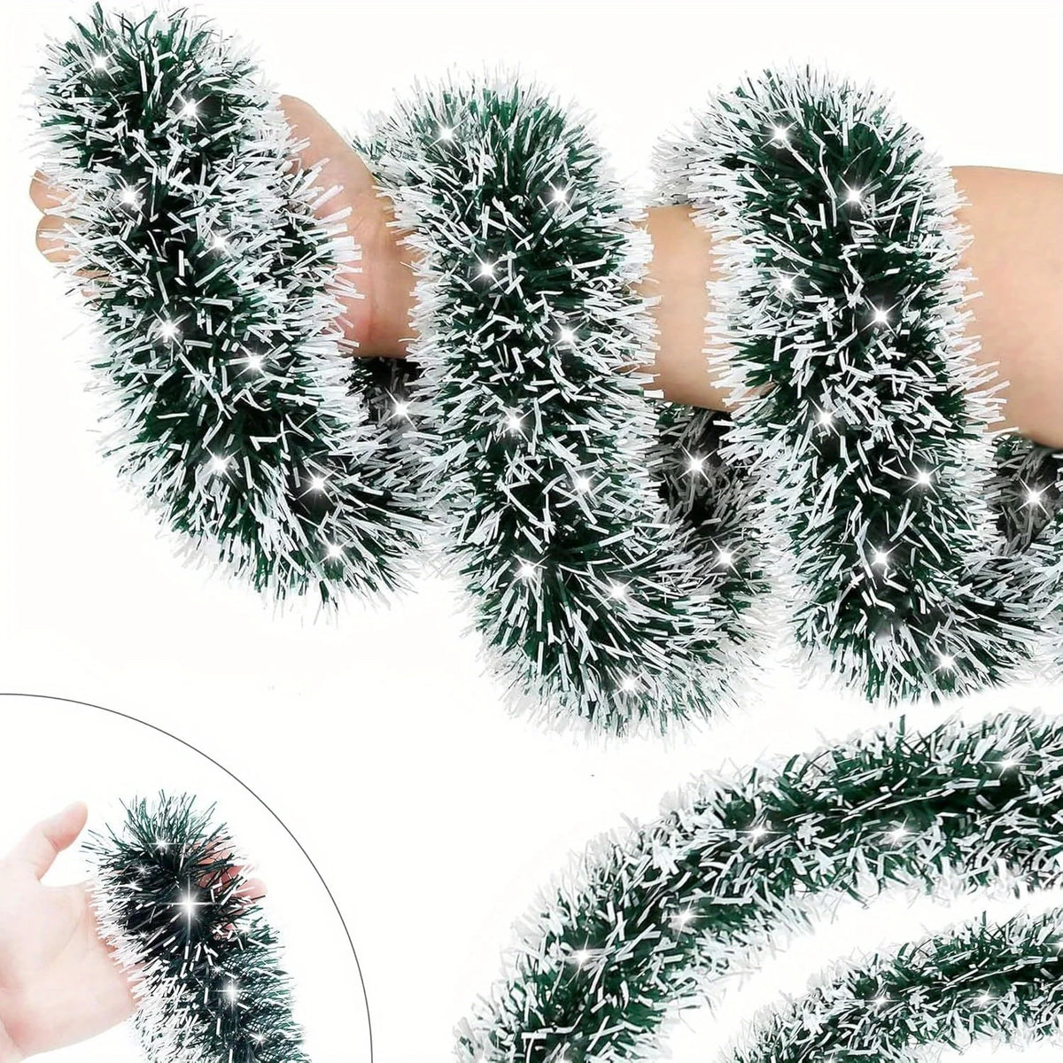 6m Classic Christmas Tinsel Garlands Green & Silvery Glitter, No Power Needed, Perfect for Xmas Tree Decorations