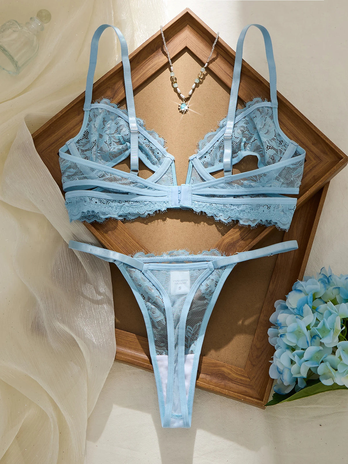 Women's Light Blue Sheer Lace Bra and Thong Panty Set – Sexy See-Through Mesh Lingerie 2-Piece with Adjustable Straps