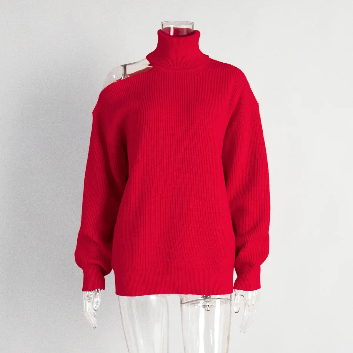 Women New Turtleneck Cutout Shoulder Pullover Long Sleeve Ribbed Knit Trendy Loose Fit Sweater Autumn Winter Fashion Streetwear