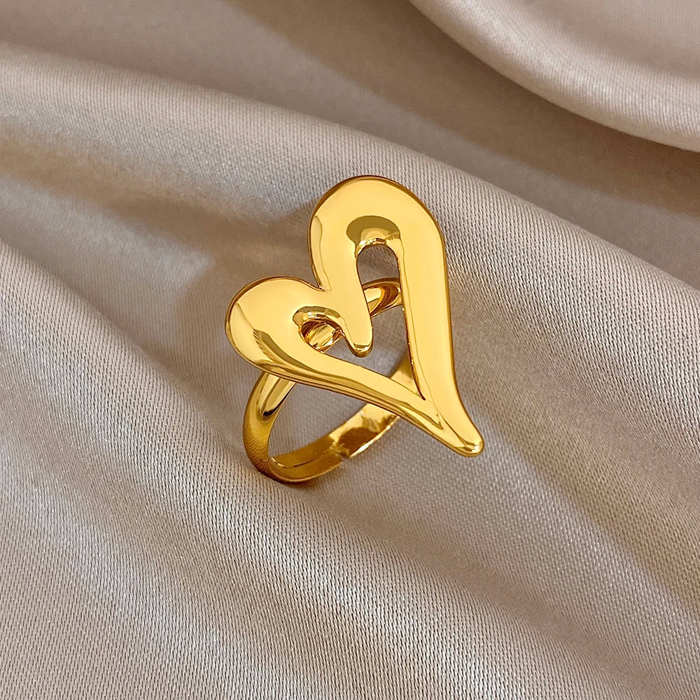 Flashbuy Trendy Gold Color Asymmetric Hollow Heart Stainless Steel Ring For Women Statement Fashion Jewelry Valentine's Day Gift