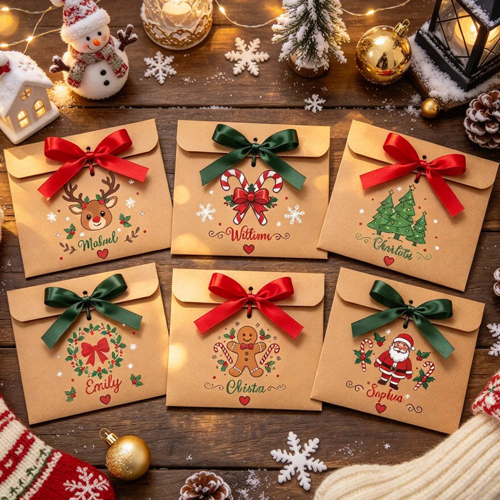 12 Snowman/Santa Kraft Money Voucher Envelopes with Ribbon, Christmas Stocking Stuffers, Christmas Gifts for Kids/Family/Friends
