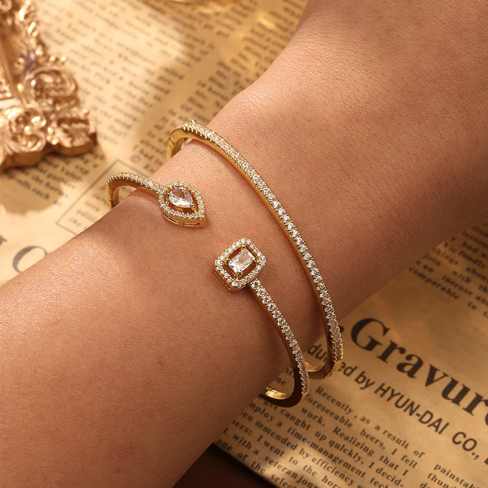 ZAKOL 2pcs/set Classic Geometric AAA Cubic Zirconia Open Bracelet for Women Shiny Crystal Engagement Wedding Party Bangle Set