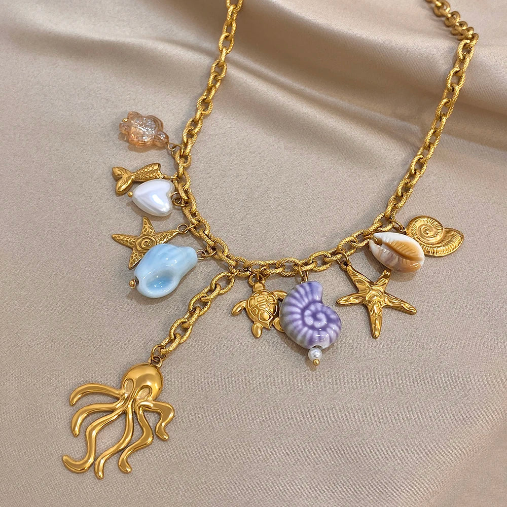 New Trend Chunky Stainless Steel Shell Starfish Turtle Charm Necklace Octopus Pendant Statement Gold Color Fashion Jewelry Gift