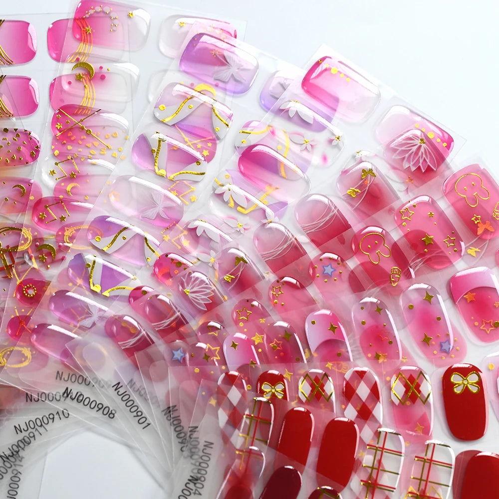 16Tips Gradient Semi Cured Gel Nail Strips Blush Flower Design Full Wrap Nail Decals French Gold Lines Gel Nail Polish Sticker