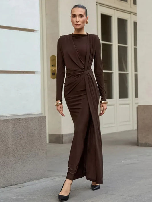 BKLD Fashion Autumn French Long Dresses Women Clothing Elegant High Waist Ruched Slimming Evening Dress Long Sleeve Solid Color