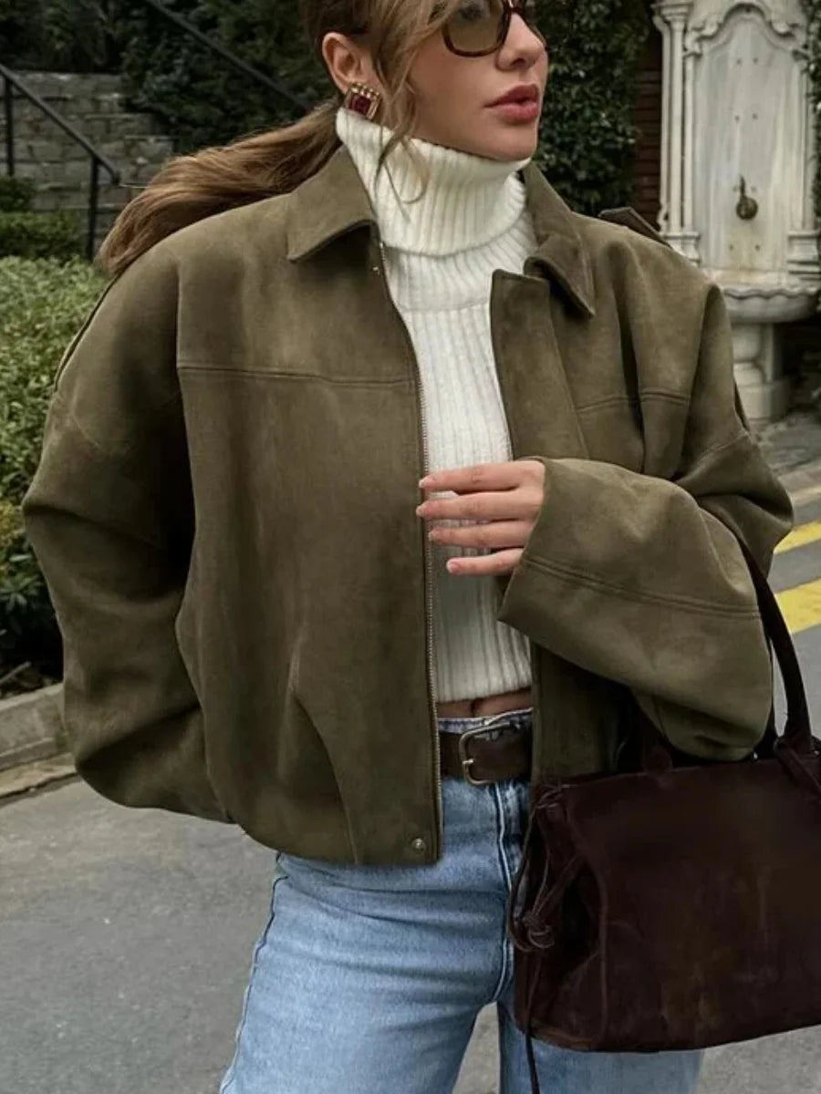 Vintage Suede Texture Bomber Jackets Women's Long Sleeve Loose Coats New Causal Autumn Winter Female Outerwear