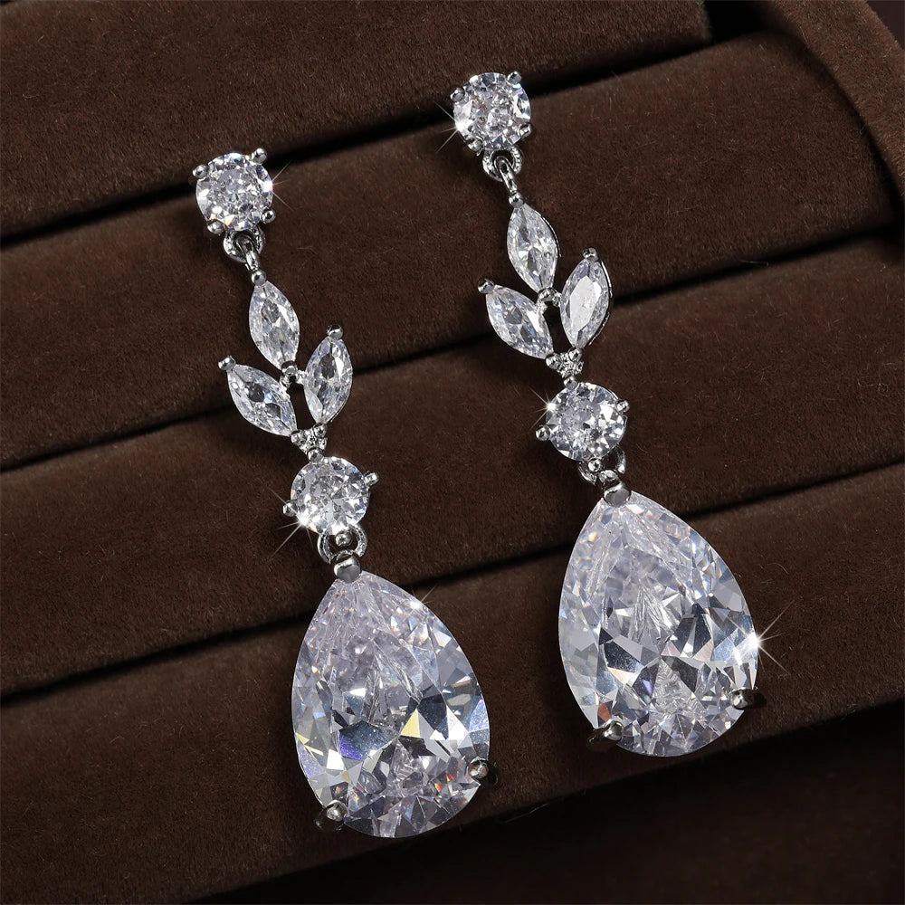ZAKOL Fashion Trendy Water Drop AAA Cubic Zircon Leaf Dangle Earrings Shining Clear CZ Elegant Bridal Earring Jewelry