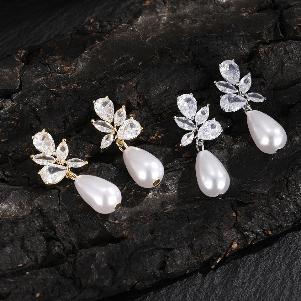 ZAKOL Classic AAA Zircon Pearl Dangle Drop Earrings for Women Shiny Crystal Bride Engagement Wedding Jewelry Ear Accessories