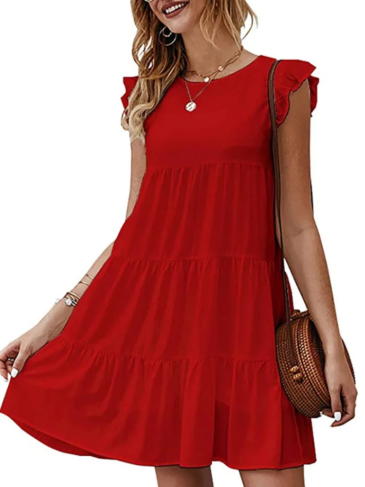 Women Elegant Ruffle Mini Dress Casual Solid O Neck Beach Party Sundress Simple Chic Loose Short Dress Vintage Harajuku Vestido