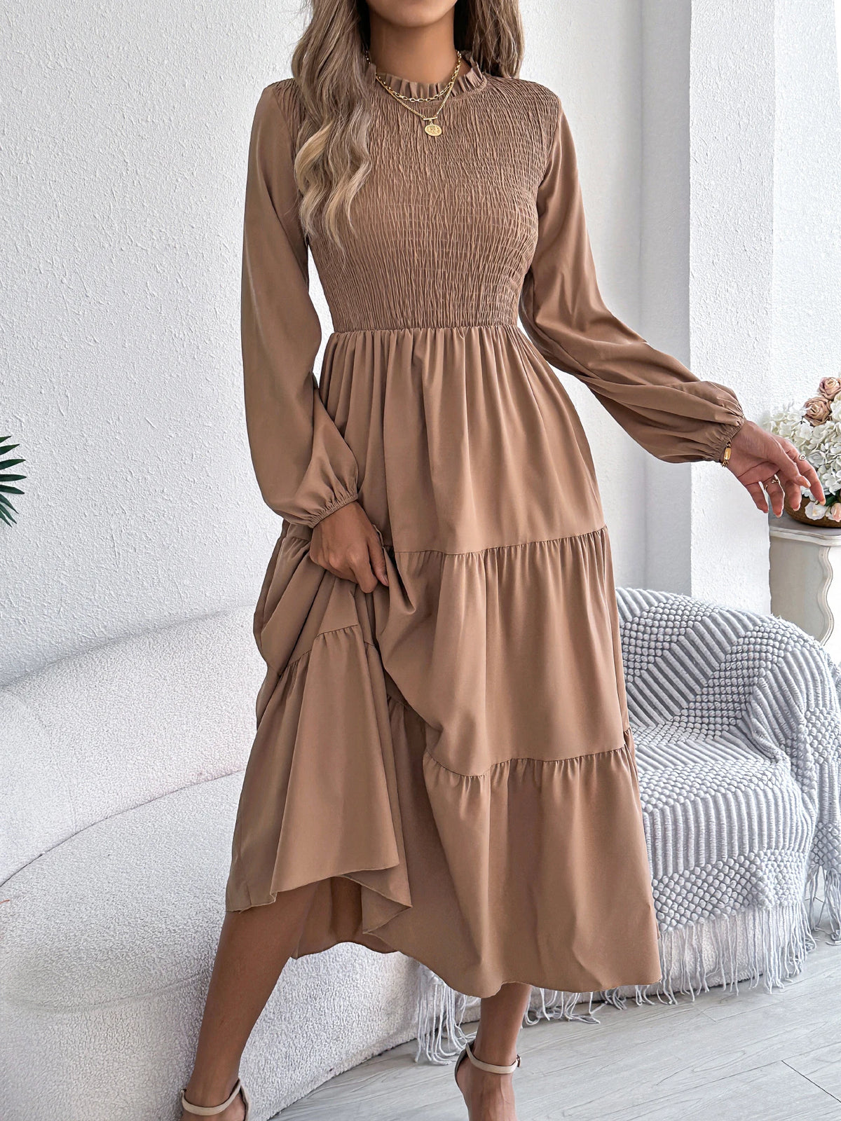 Autumn Winter Elegant Dress for Women Solid Color Round Neck Lantern Long Sleeve Ruffled Dresses Khaki Green Red Woman Clothing