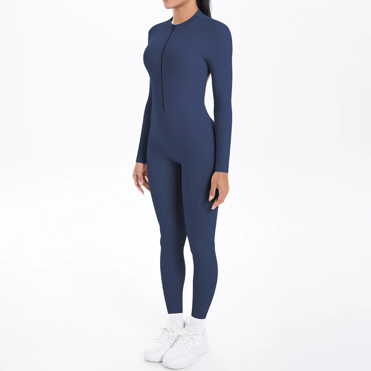 Solid Color Backless Yoga Bodysuits Women's Sportswear Stretch Bodysuit For Women Long Sleeves Jumpsuits Push Up Half Zipper Set
