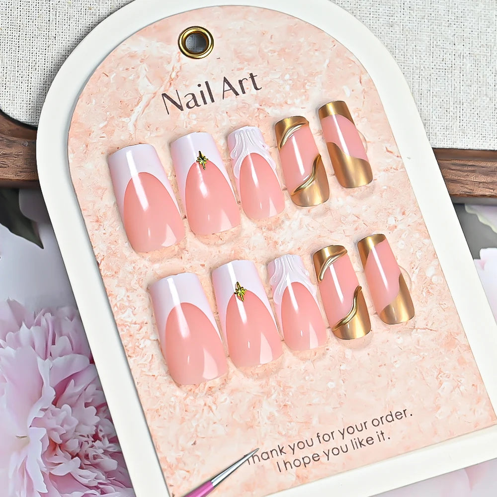 24Pcs Sweet Medium Square French False Nails Blush Pink Flower Full Cover Fake Nails Extension Acrylic Wearable Press on Nails
