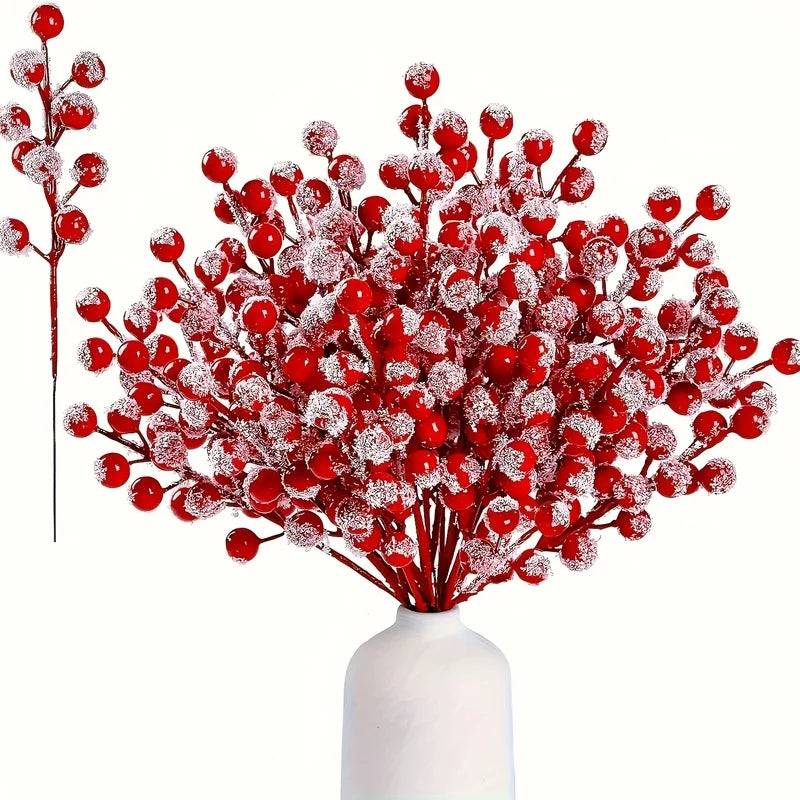 24 artificial red berries branches with snow frost branches - for Christmas trees, garlands,DIY, crafts,Christmas gift packaging