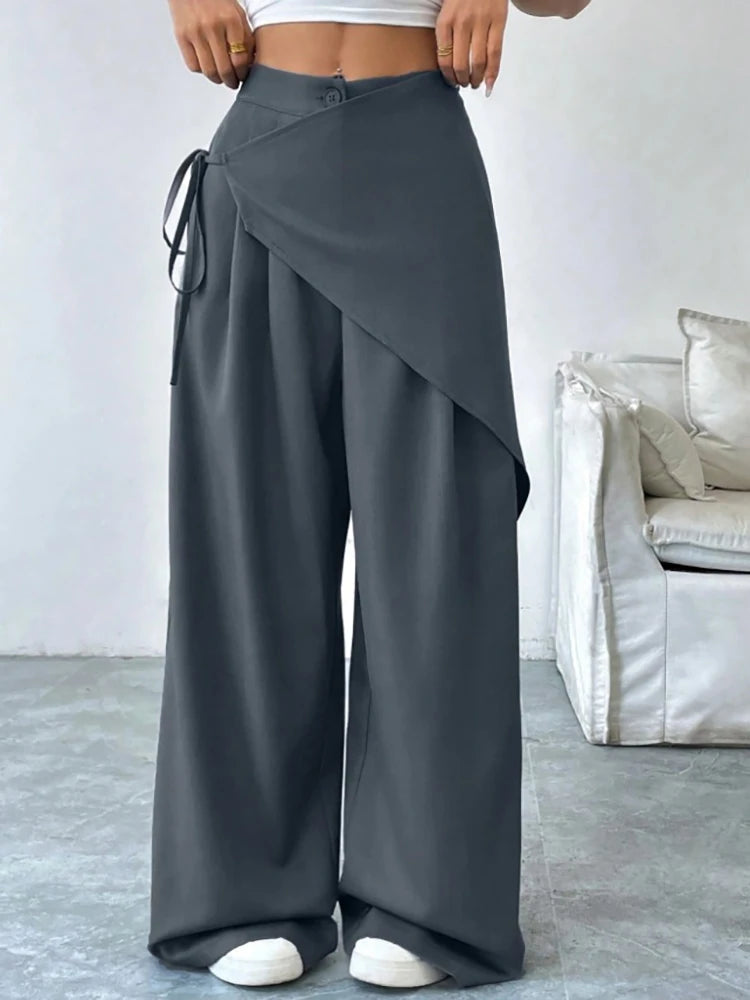 Elegant Irregular Suit Pants for Women High Waist Loose Wide Leg Pants Asymmetrical Lace Up Trousers Elastic Waist Casual Pants
