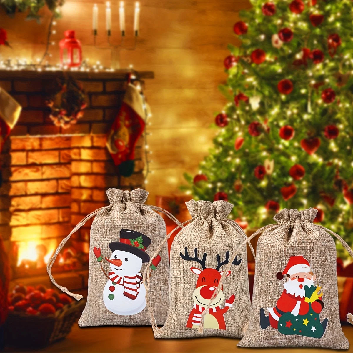 12/24Pcs Pack Christmas Gift Wrapping Bags with Drawstring Closure -for Small Trinkets, Apples, Candies,Gift for Holiday Parties