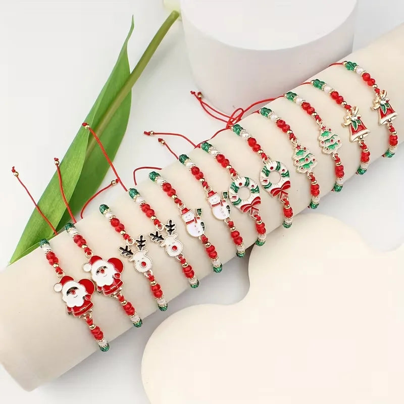 6/12pcs Christmas Santa Claus Reindeer Bell Snowman Christmas Tree Braided Adjustable Bracelet Couple Friendship Gift