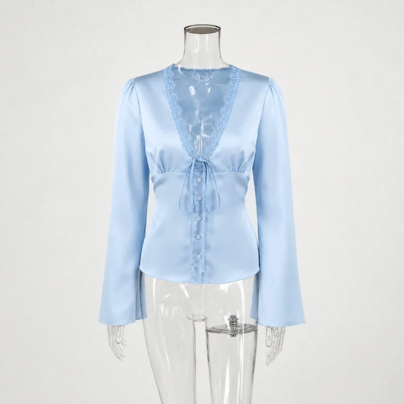 Vintage Lace Patchwork Satin Shirts Women Lace Up Long Sleeve Slim V-Neck Romantic Tops Female Spring Autumn Commute Streetwear