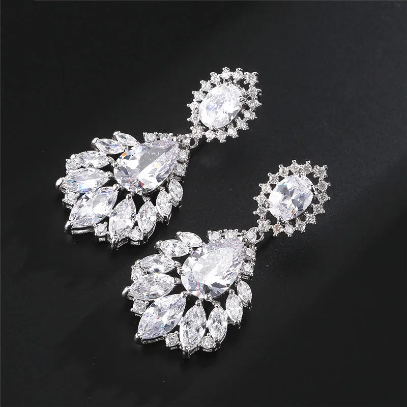 Fashion AAA Cubic Zirconia Chandelier Dangle Drop Earrings White Gold Color Crystal CZ Wedding Party Jewelry for Women
