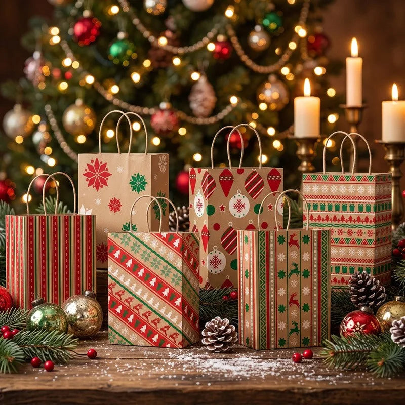 12Pcs Christmas Kraft Paper Gift Bags, 6 Designs Xmas Holiday Treat Bags,for Gift Wrapping, Candy & Cookie Packaging