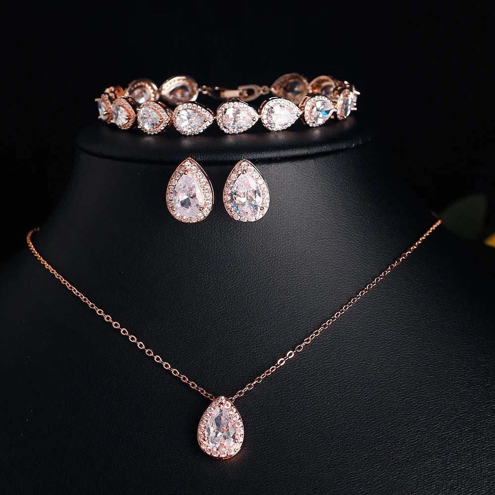 ZAKOL 3/2pcs Shiny Crystal Zircon Water Drop Earring Necklace Bracelet Jewelry Set for Women Elegant Wedding Party Jewelry