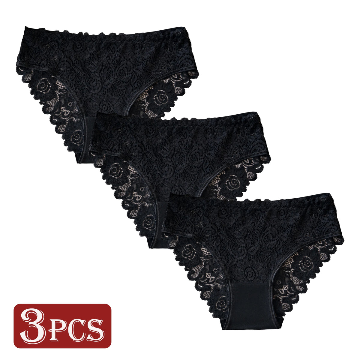 3PCS Black Lace Floral Trimmed Panties for Women Daily Casual Underwear Solid Color Mid-Rise Breathable Sexy Briefs Lingerie Hot
