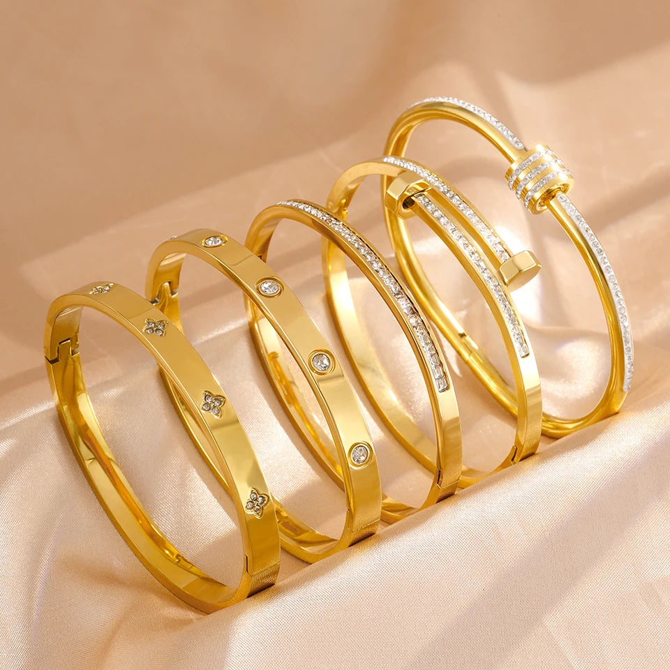 Titanium Steel Stacked Bracelet Couple's Shiny Zircon Inlaid Stainless Steel Bangles Gold Color Female Jewelry Gift